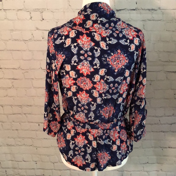 Navy Blue Hollister Belted 3/4 Sleeve Wrap Blouse Top Size Small - Picture 7 of 12